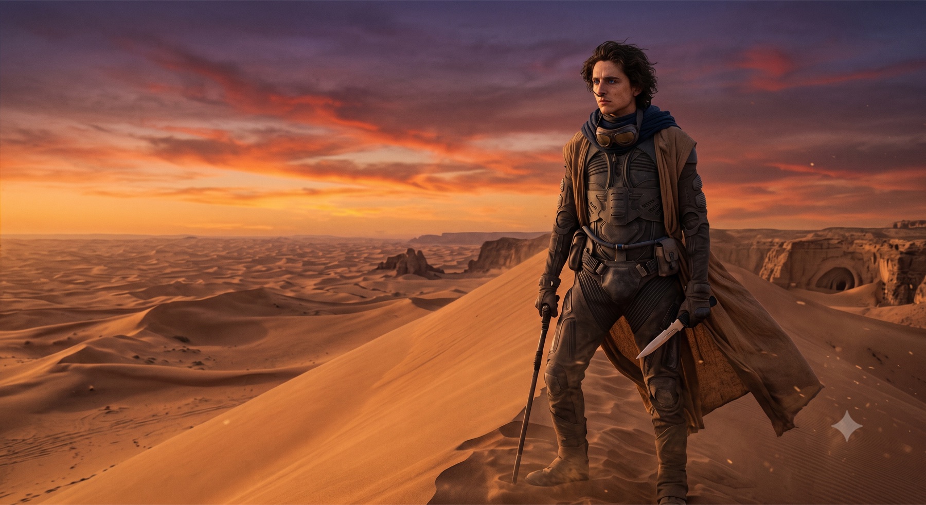 An AI-generated illustration of Paul Atreides overlooking a desert