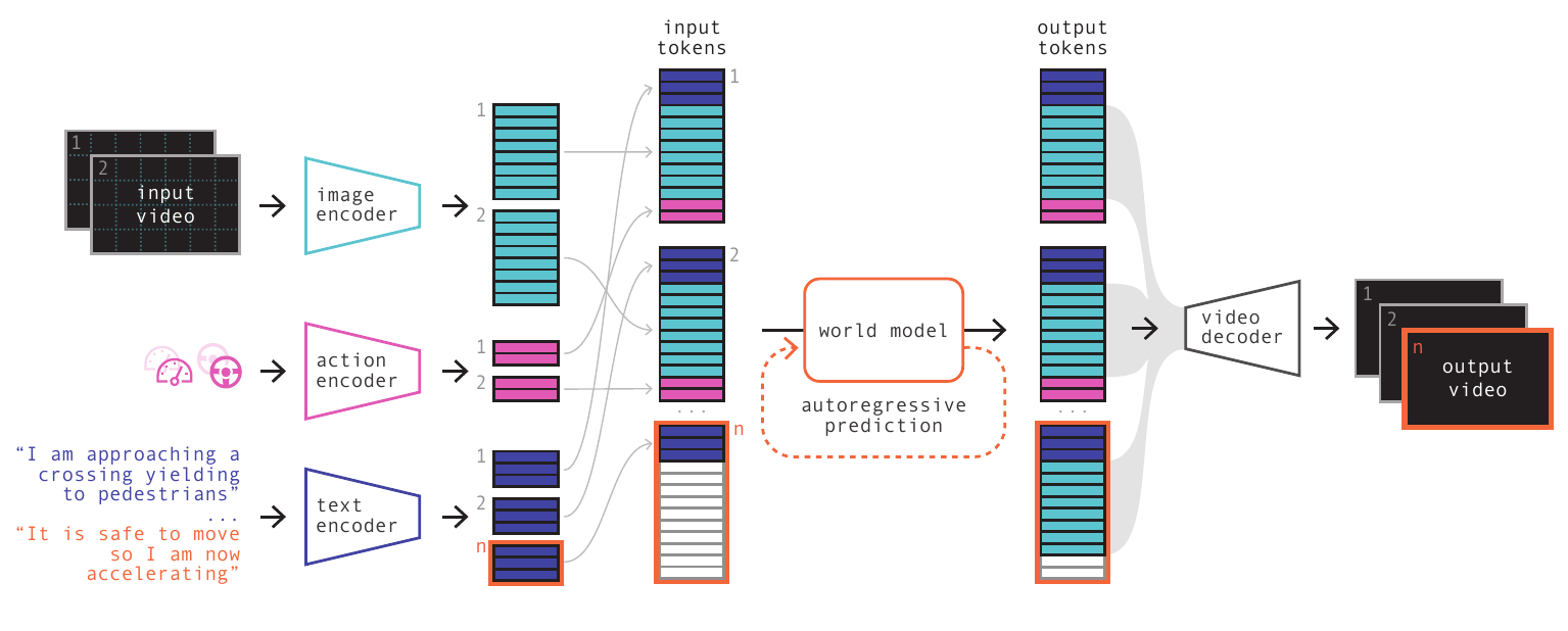 GAIA-1 schematic: input video → image encoder, action input (speed, steering) → action encoder, text input → text encoder, all three streams → world model with autoregressive prediction → output tokens → video decoder → output video